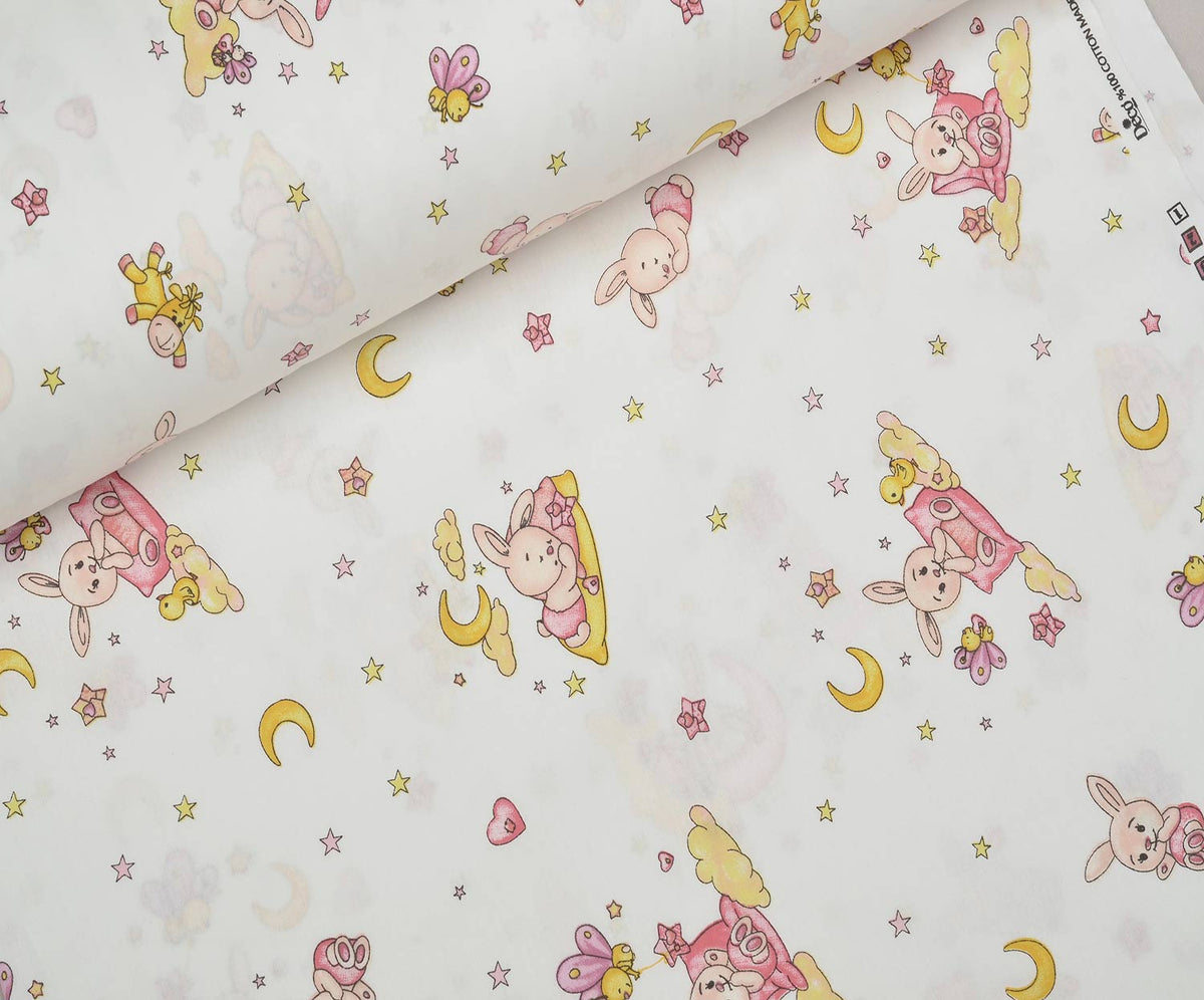SEVİMLİ UYKUCU TAVŞAN DESENLİ POPLİN KUMAŞ - PEMBE