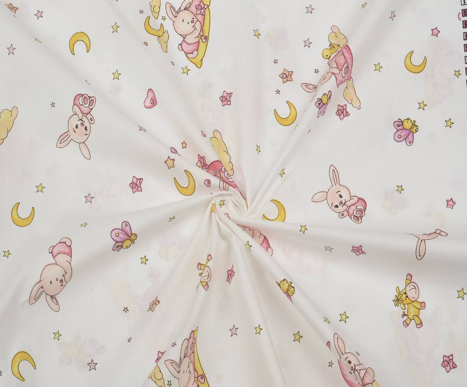 SEVİMLİ UYKUCU TAVŞAN DESENLİ POPLİN KUMAŞ - PEMBE