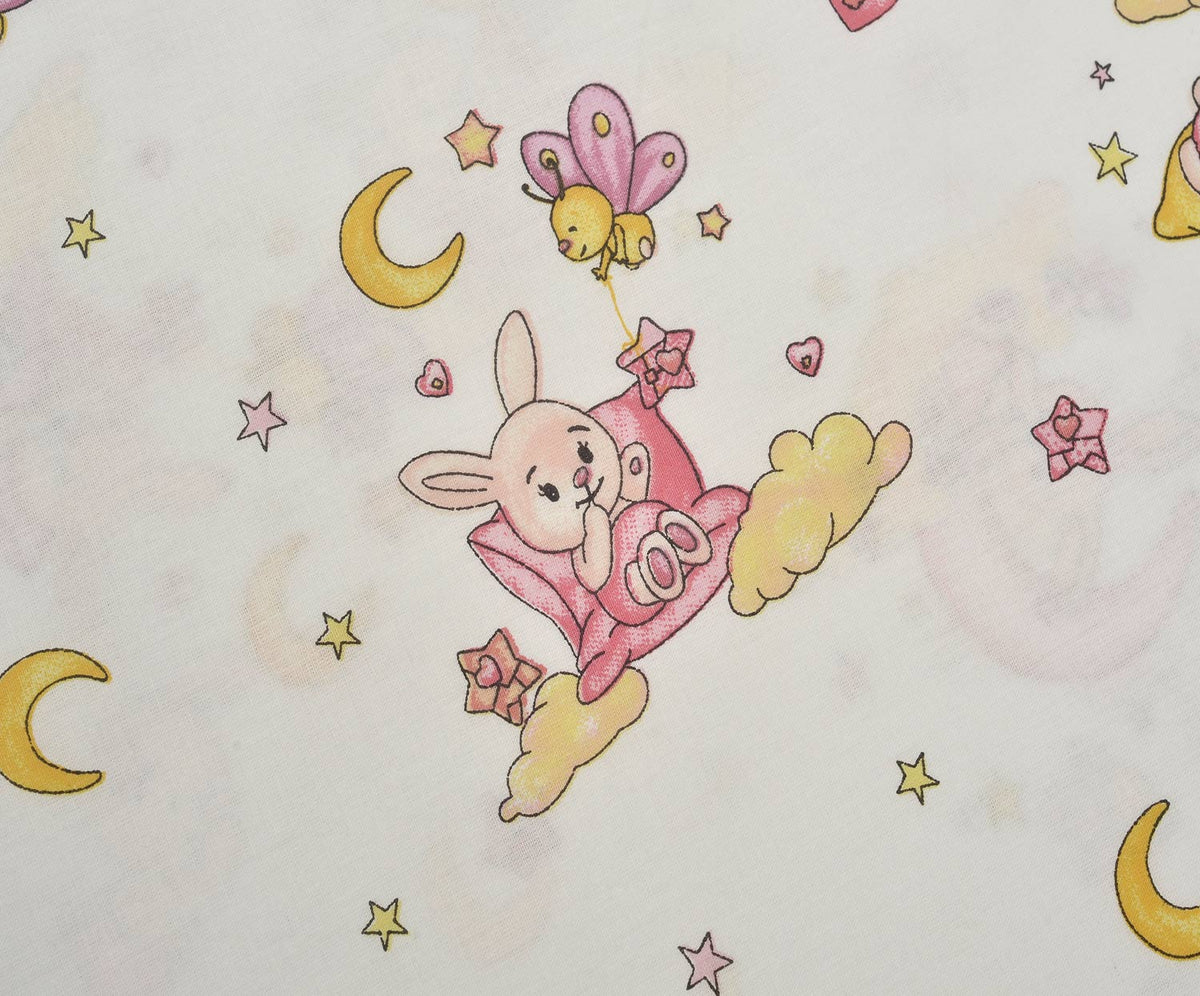 SEVİMLİ UYKUCU TAVŞAN DESENLİ POPLİN KUMAŞ - PEMBE