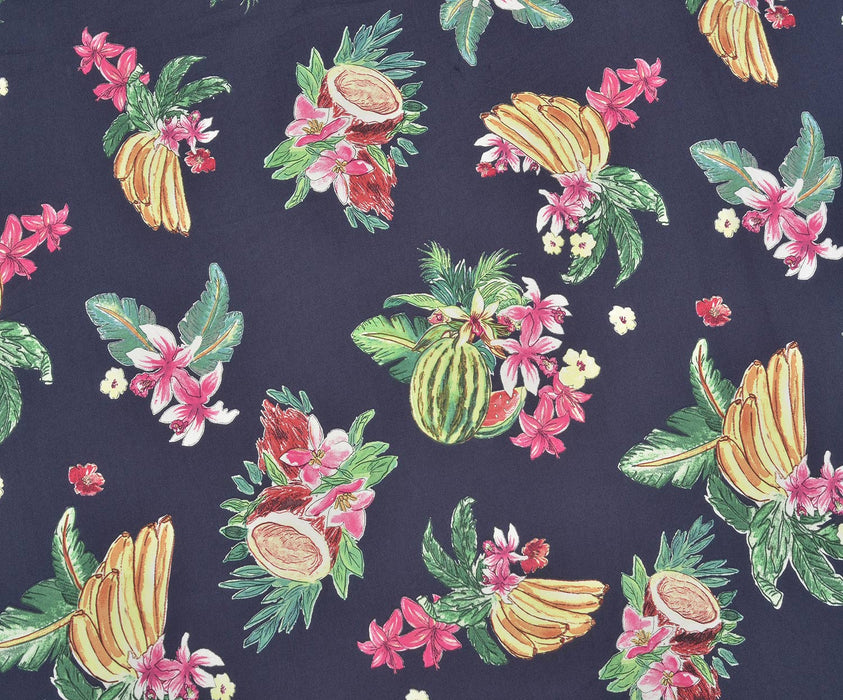 FLOWER AND FRUIT PATTERNED POPLIN FABRIC - NAVY BLUE