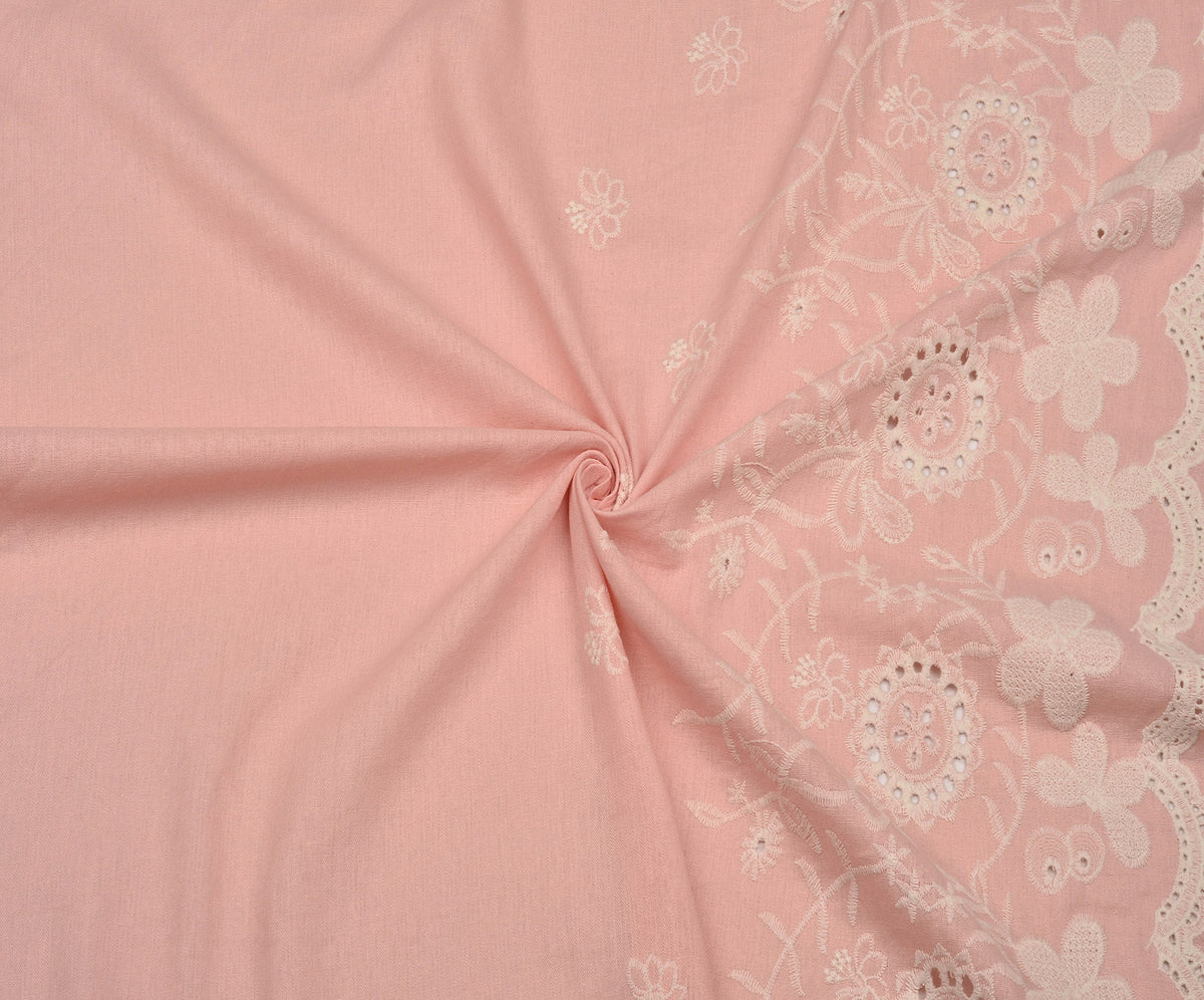 İŞLEMELİ KETEN BRODE KUMAŞ - PEMBE