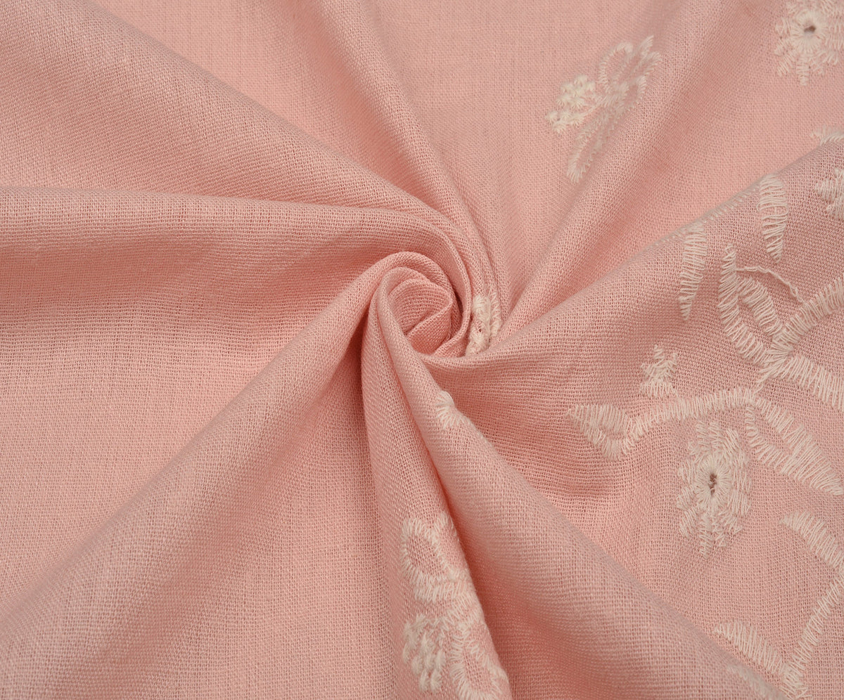 İŞLEMELİ KETEN BRODE KUMAŞ - PEMBE