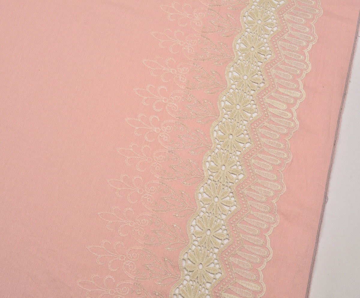 İŞLEMELİ KETEN BRODE KUMAŞ - PEMBE