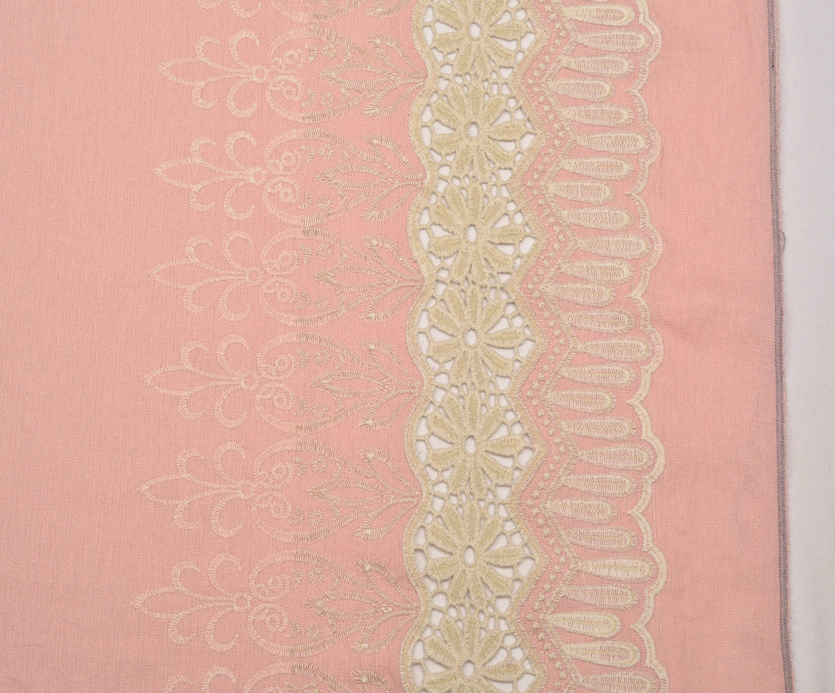 İŞLEMELİ KETEN BRODE KUMAŞ - PEMBE