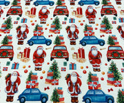 YILBAŞI NOEL BABA VE ARABALAR DİJİTAL BASKI KUMAŞ - BEYAZ