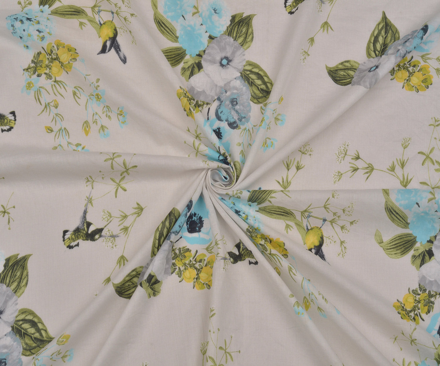 ÇİÇEK VE KUŞ DESENLİ PAMUK VUAL KUMAŞ - TAŞ