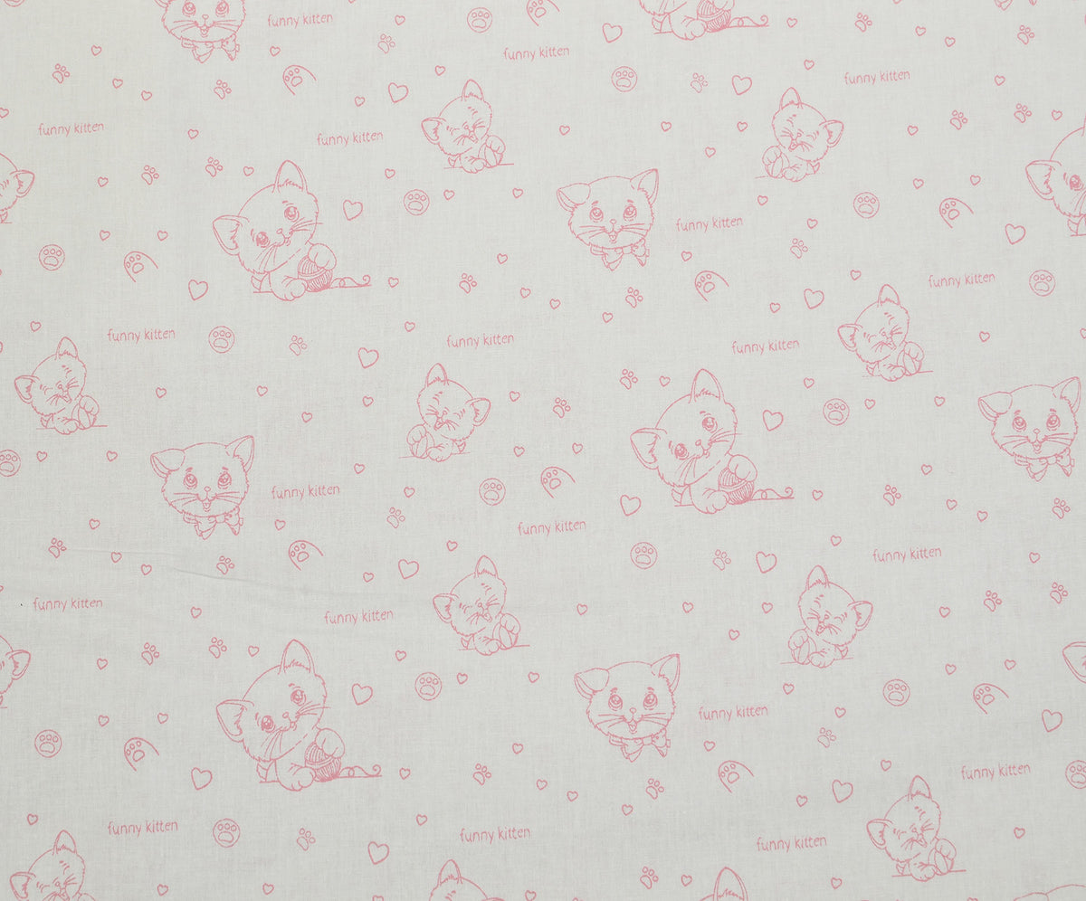 SEVİMLİ KEDİ DESENLİ POPLİN KUMAŞ - PEMBE