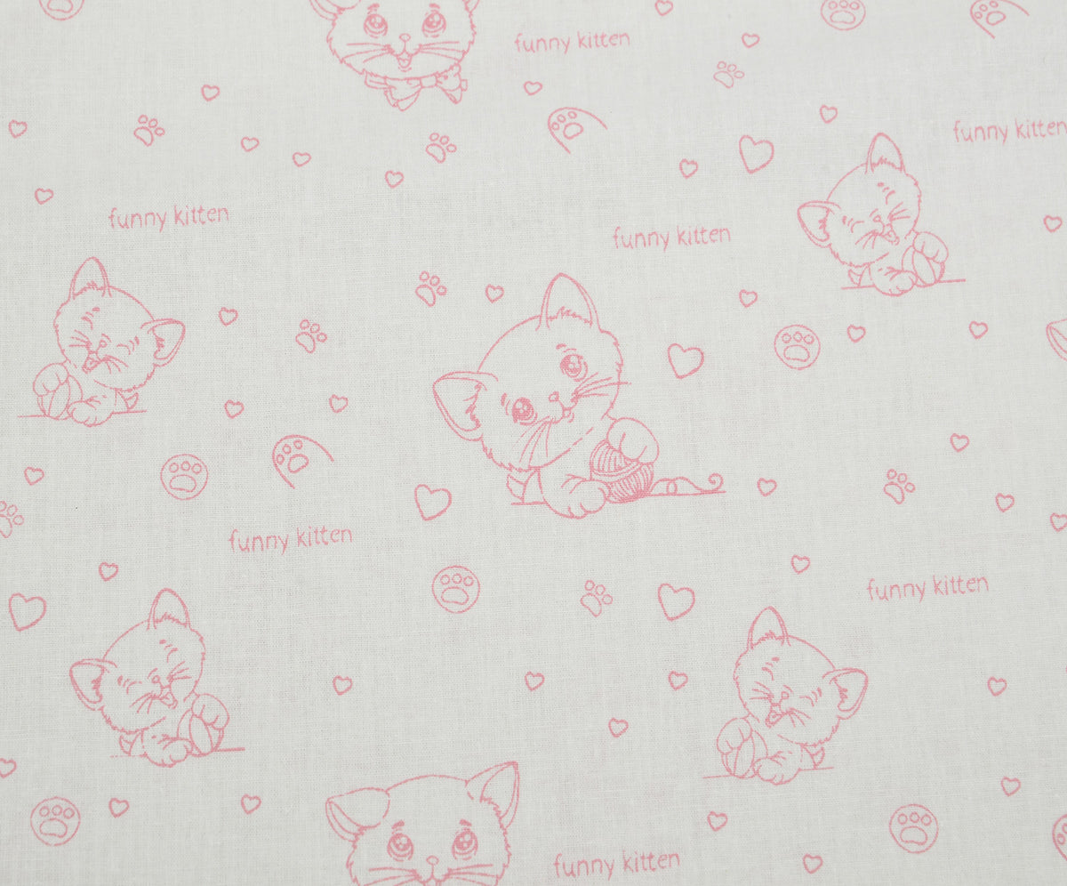 SEVİMLİ KEDİ DESENLİ POPLİN KUMAŞ - PEMBE
