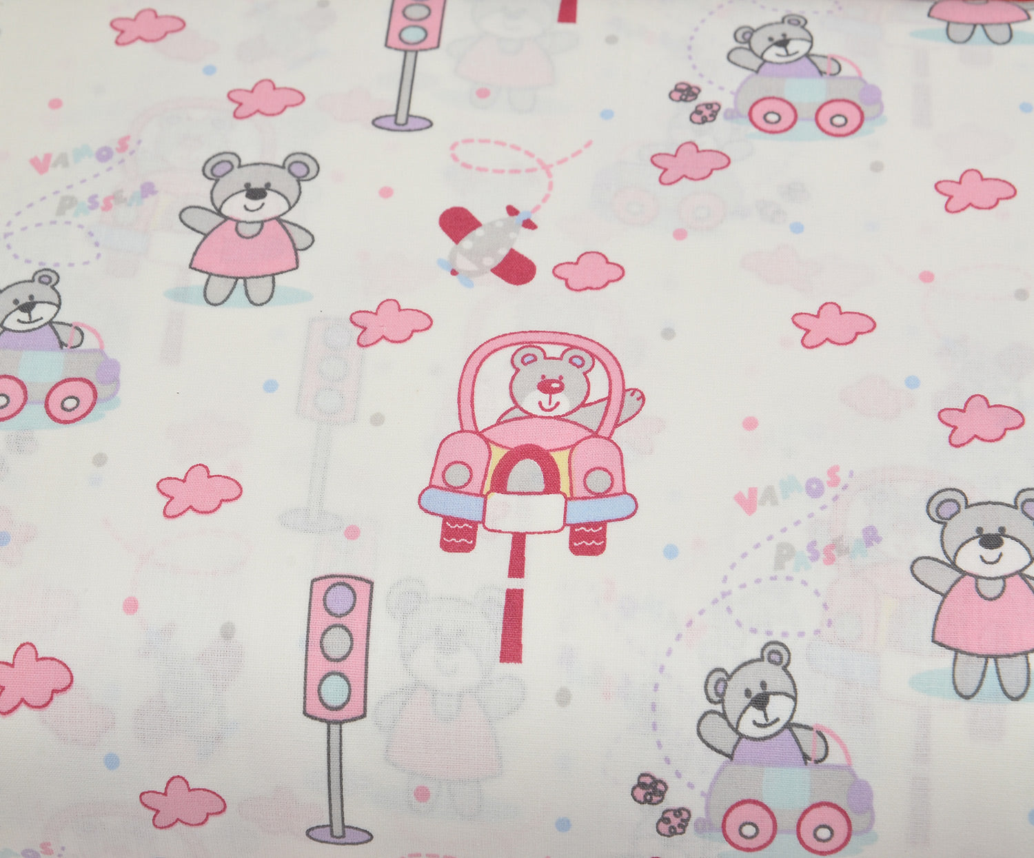 SEVİMLİ AYICIK DESENLİ POPLİN KUMAŞ - PEMBE