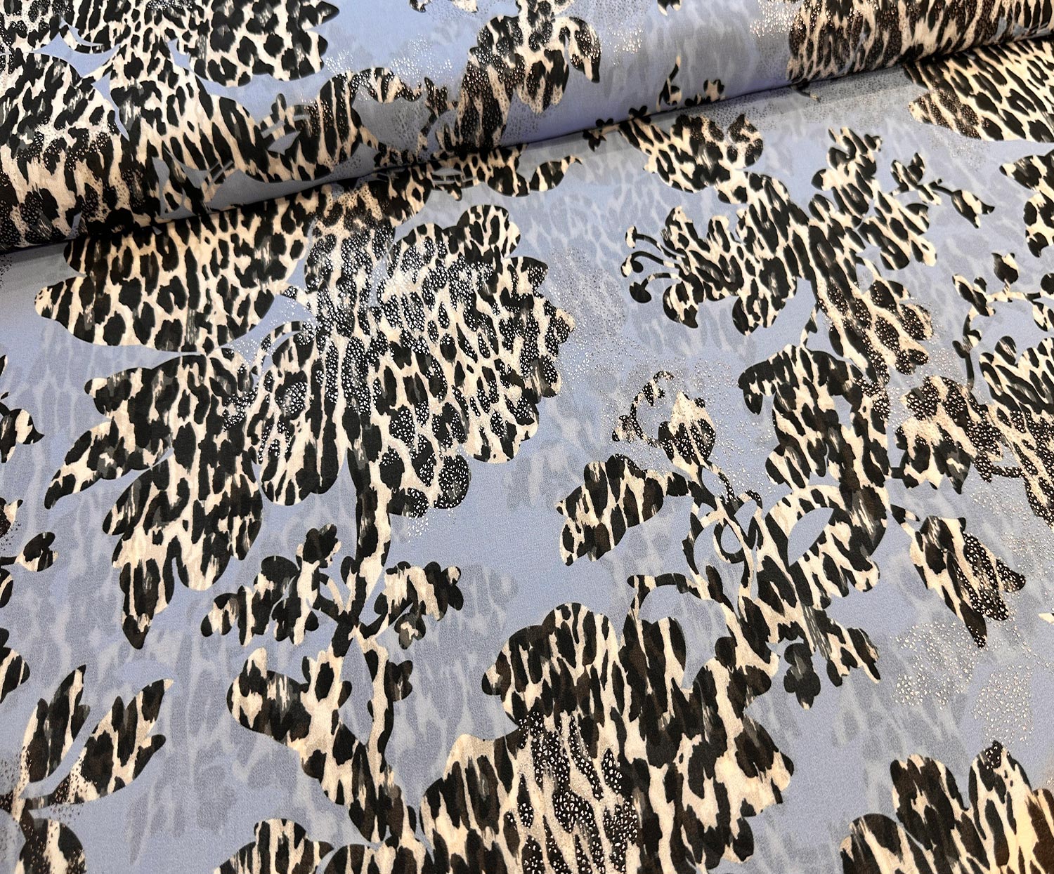 LEOPAR DESENLİ ŞİFON KUMAŞ - MAVİ