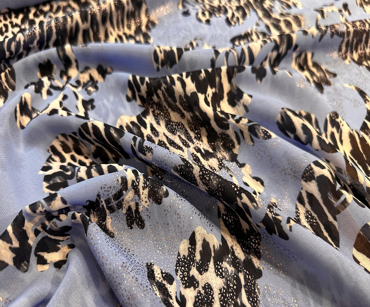 LEOPAR DESENLİ ŞİFON KUMAŞ - MAVİ