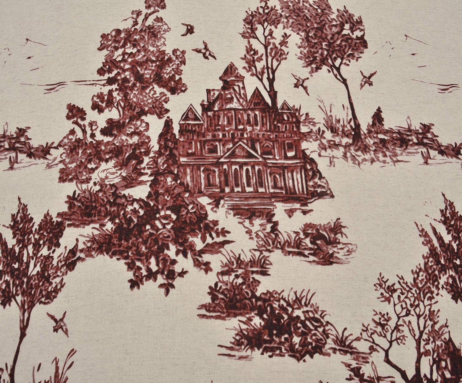 EV DESENLİ KETEN KUMAŞ - BORDO