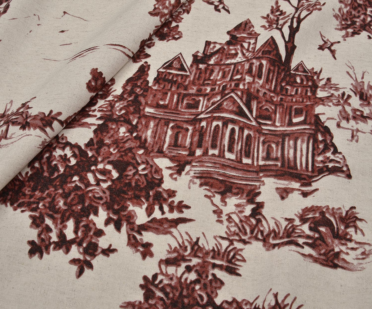 EV DESENLİ KETEN KUMAŞ - BORDO
