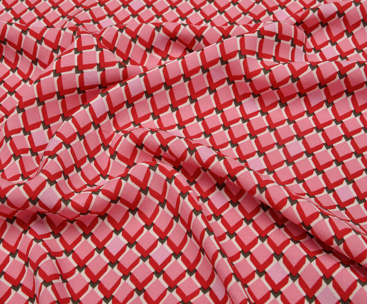GEOMETRİK DESENLİ VİSKON KUMAŞ - PEMBE