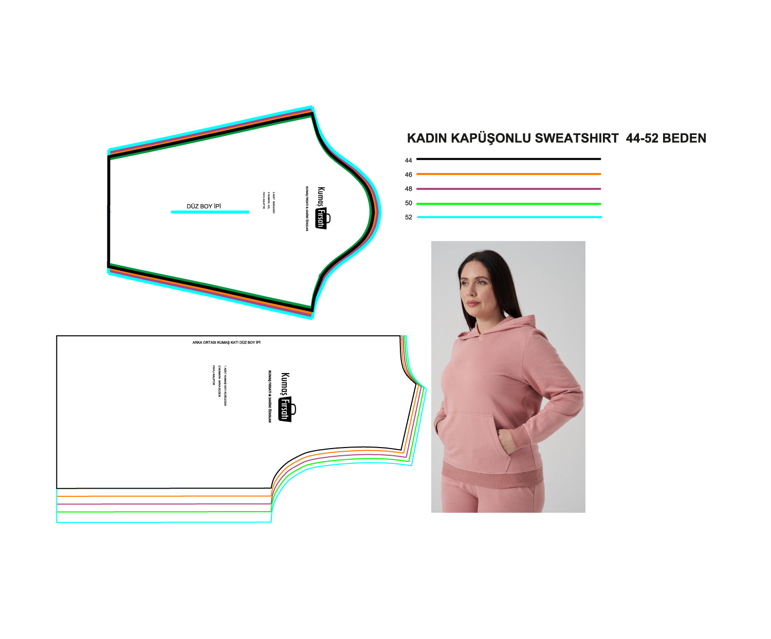 KADIN KAPŞONLU SWEATSHIRT KALIBI 44-52 BEDEN