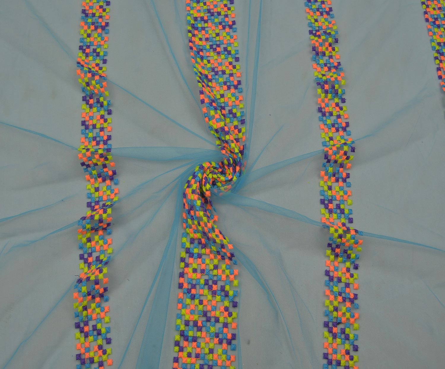EMBROIDERED TULLE FABRIC - BLUE
