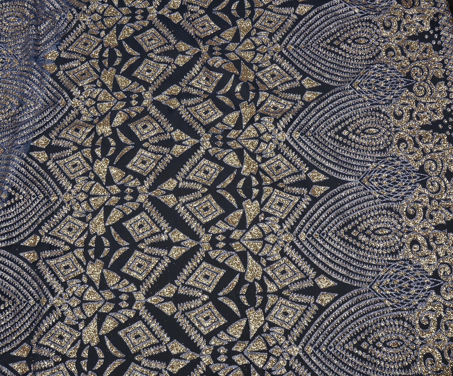 PATTERNED FABRIC WITH STONE EMBROIDERY ON TULLE - NAVY