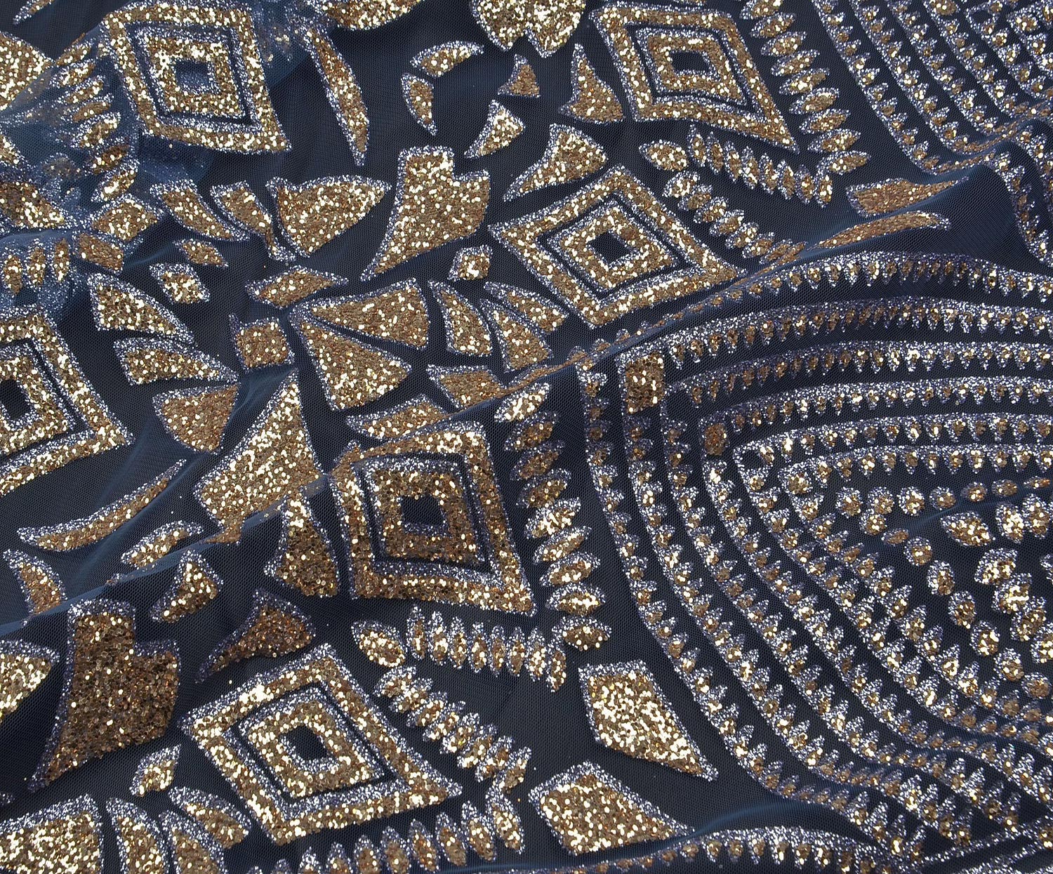 PATTERNED FABRIC WITH STONE EMBROIDERY ON TULLE - NAVY