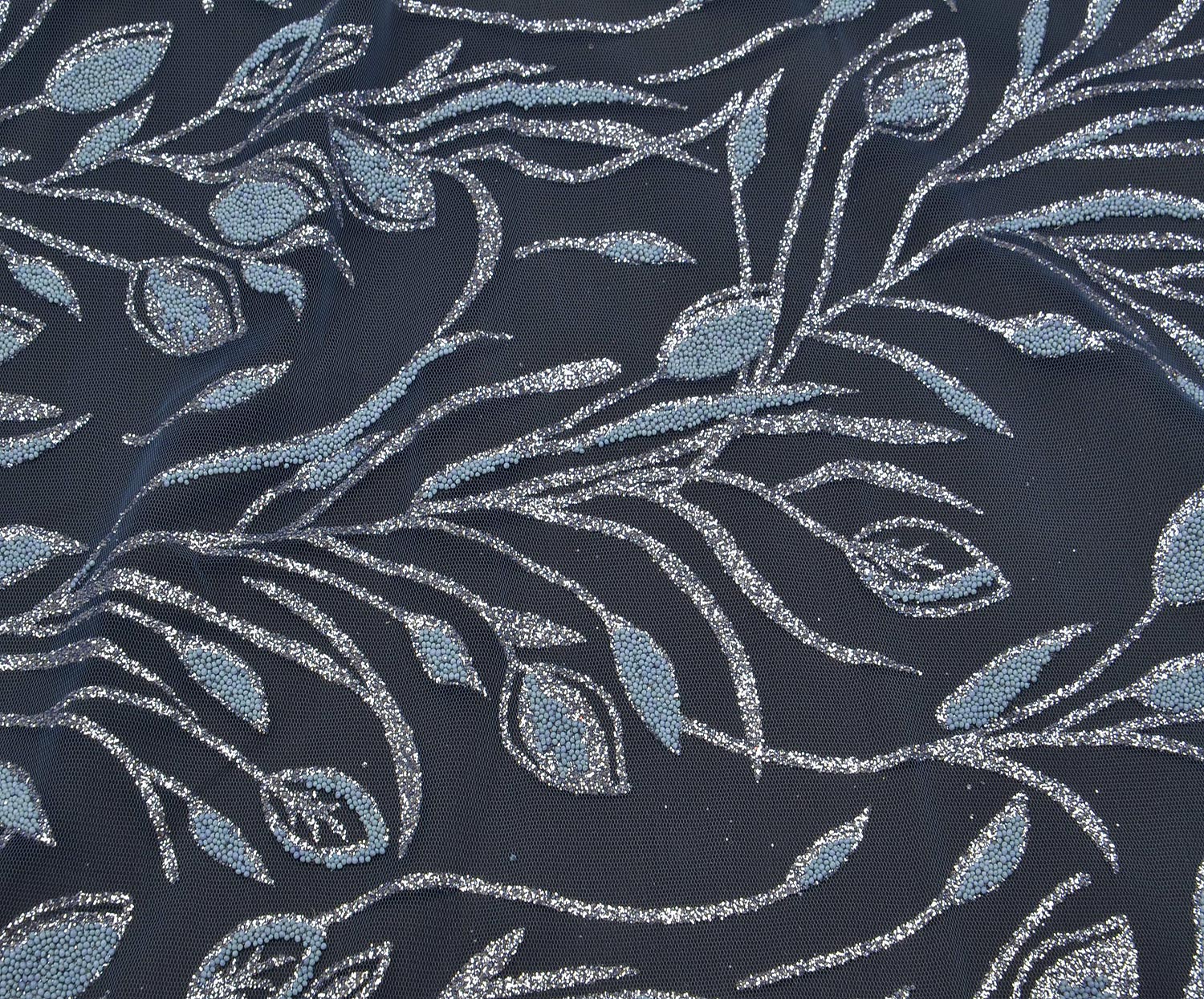 STONE-EMBROIDERED PATTERNED TULLE FABRIC - BLUE