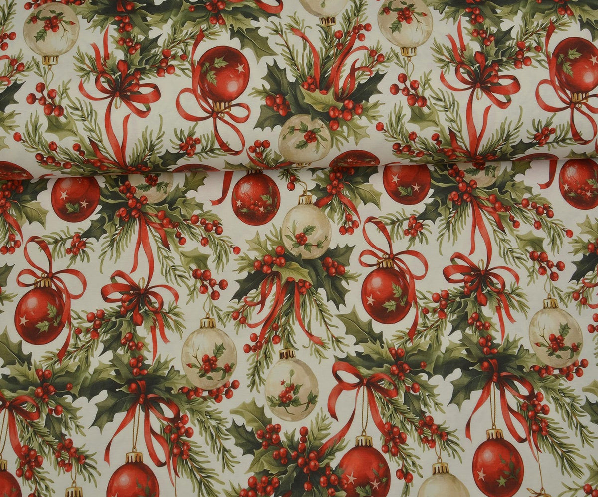 CHRISTMAS ORNAMENTS PATTERNED DIGITAL DUCK LINEN FABRIC - RED