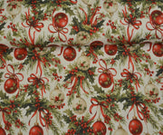 CHRISTMAS ORNAMENTS PATTERNED DIGITAL DUCK LINEN FABRIC - RED