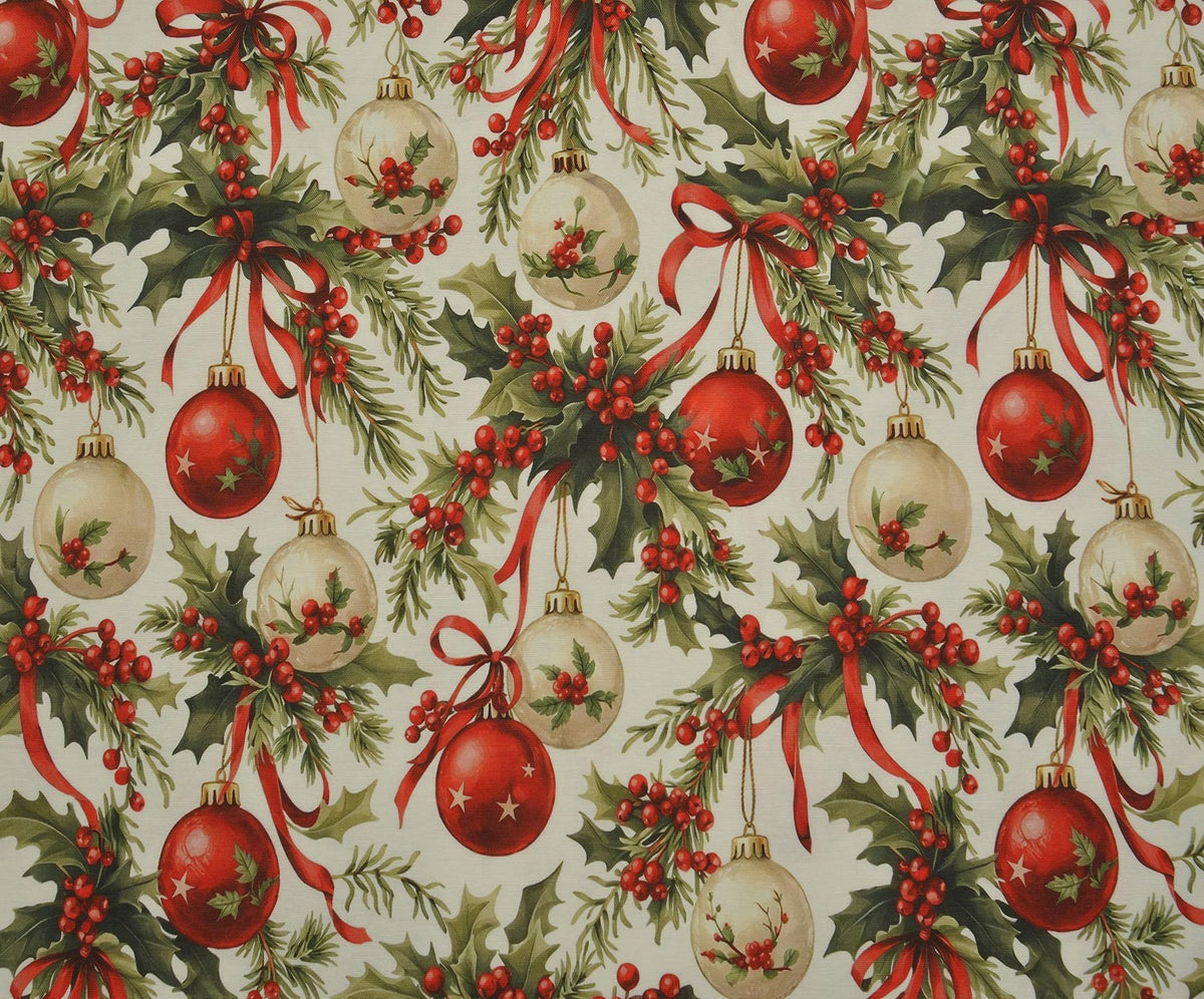 CHRISTMAS ORNAMENTS PATTERNED DIGITAL DUCK LINEN FABRIC - RED